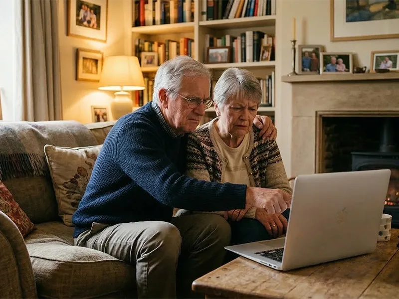 Couple pointing laptop with confused look