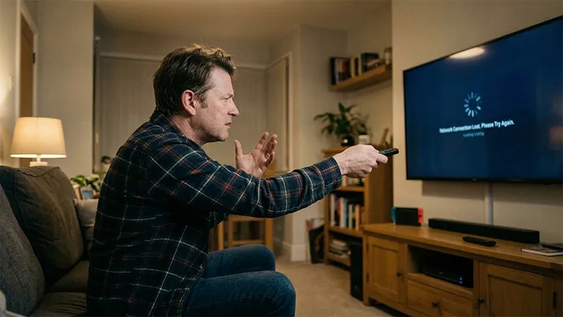 Man with remote with TV error